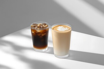 Ice cappuccino and milk foam coffee drinks iced americano cold brew machiato latte espresso mocha cocoa