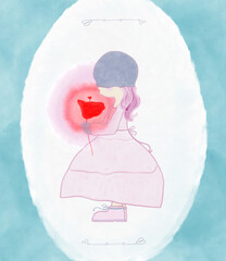 cute girl in a fluffy skirt, holding a tulip flower with a small heart inside. retro style