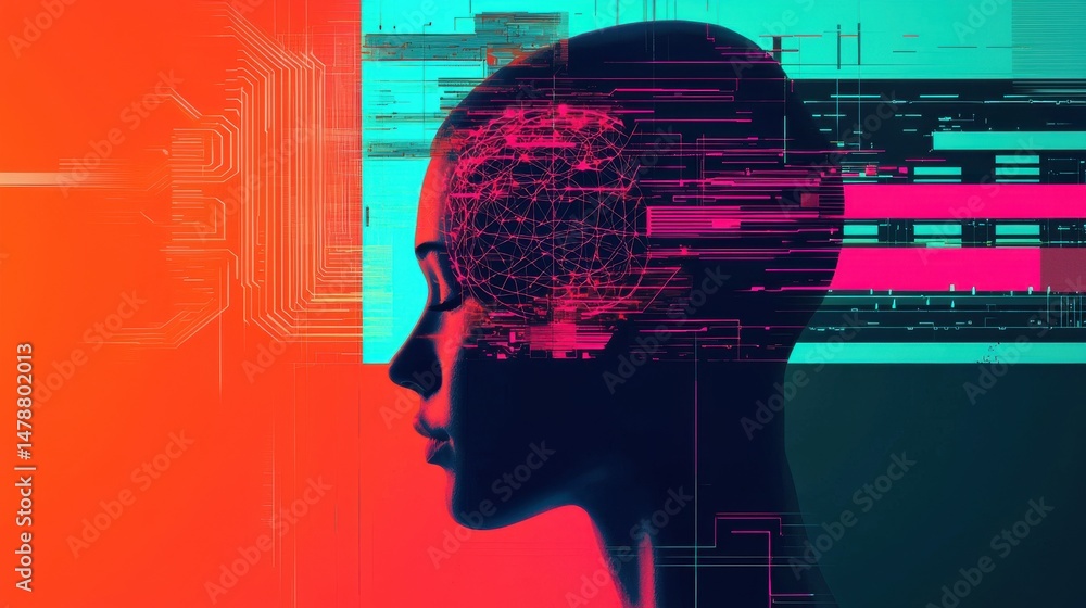 Poster futuristic digital profile of a disembodied human head depicting the intersection of intelligence da
