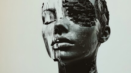 Obraz premium Monochrome portrait blending human form with abstract brushstroke textures