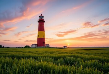 dramatic sunset landscape with lighthouse and pink clouds