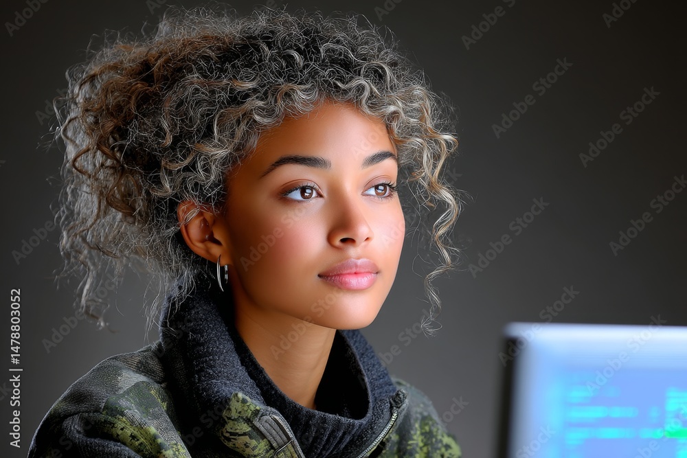 Poster Hyper-realistic portrait of an intern concentrating on writing with light reflecting from a monitor