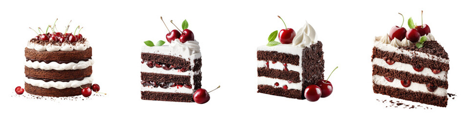 Delicious chocolate cakes with cream, cherry topping, and rich layers, perfect for celebrations, desserts, and culinary photography