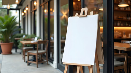Blank Poster on Wooden Easel at Modern Café Entrance