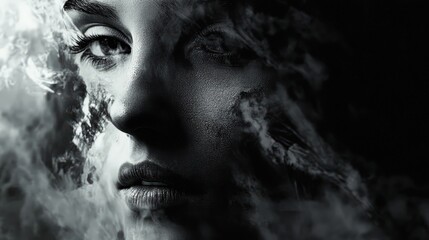 Monochrome portrait of a woman emerging from atmospheric smoke effects