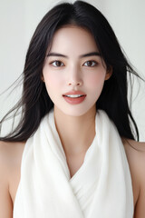 Naklejka premium Young woman elegant Korean beauty long hair white scarf natural makeup young elegant Korean woman with long hair and natural