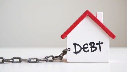 House model chained with the word "DEBT" written on it.