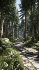 Tranquil pathway through a lush evergreen forest, eye-level perspective, natural light, peaceful scene, idyllic nature