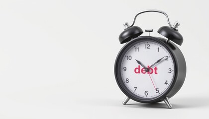 Alarm clock displaying the word "debt" on its face.
