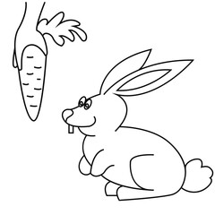 Hare, rabbit and carrot line art isolated on white background. Gift of the forest. Vector illustration