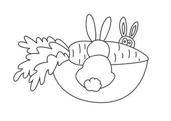 Hare, rabbit and carrot line art isolated on white background. Gift of the forest. Vector illustration