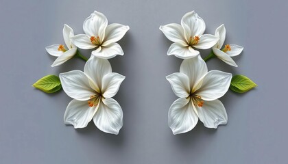 Fototapeta premium Symmetrical translucent white oil painted flowers on gray canvas , floral design, beauty