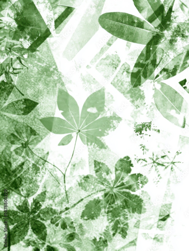 Poster green leaf pattern abstract art with botanical elements and textured overlay in light and dark shade