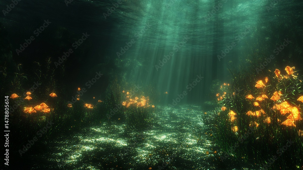 Poster deep sea biome with bioluminescent creatures swimming through the dark ocean their bodies emitting v