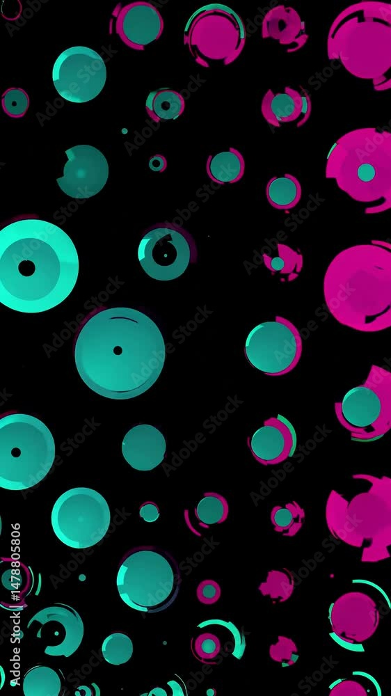 Poster teal and magenta geometric circles pulsing, changing size, and flowing diagonally downwards in rows 