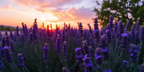 Naklejka premium Sunset illuminates vibrant purple lavender blossoms in Provence, France, france, bloom
