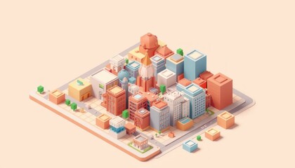 Isometric city illustration with various architectural elements and pastel color palette providing a visually engaging urban landscape scene