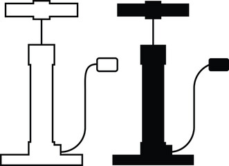 Air pump icons set trendy black line, flat styles. Bicycle or bike tube air feeler device symbols. Hand operated portable tire pump silhouette vectors illustration isolated on transparent background.