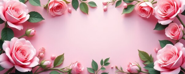 Intricate rose & leaf frame, pastel pink hues, soft focus , background, pink roses