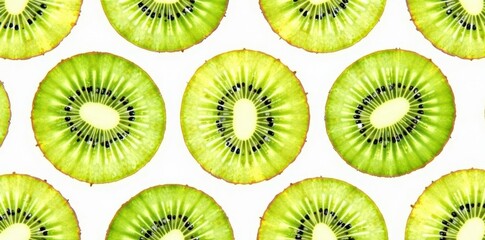 Fototapeta premium Kiwi halves forming a unique pattern; delicate watercolor accents Clean white backdrop , foodstyling, background