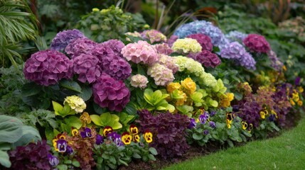 Obraz premium Vibrant flower bed with hydrangeas and pansies