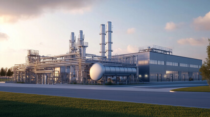 Obraz premium Industrial manufacturing plant with high-tech equipment at sunset 