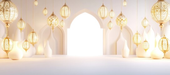 Elegant, White, Islamic-Inspired Setting with Hanging Lanterns