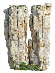 Isolated rock formations against white background, geological feature, natural landmark, stone pillars, weathered texture, rugged landscape, vertical shot