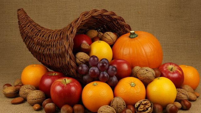 Cornucopia filled with colorful fruits and nuts on a textured background  