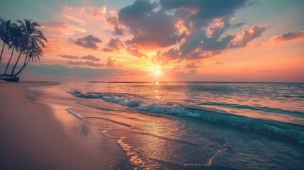 Obraz premium serene sunset over a tranquil beach, soft waves lapping the shore