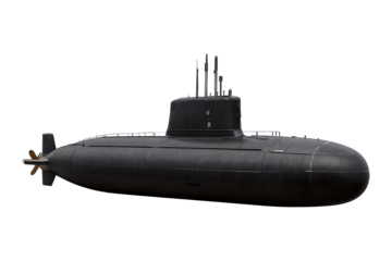 Black military submarine side view, isolated on transparent background, generative ai