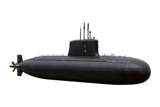 Black military submarine side view, isolated on transparent background, generative ai