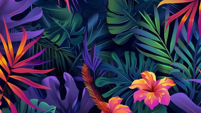 Tropical exotic leaves or plant pattern for summer video and beach wallpaper. Abstract tropical pattern with bright plants and leaves on a dark background. Jungle leaf floral background.