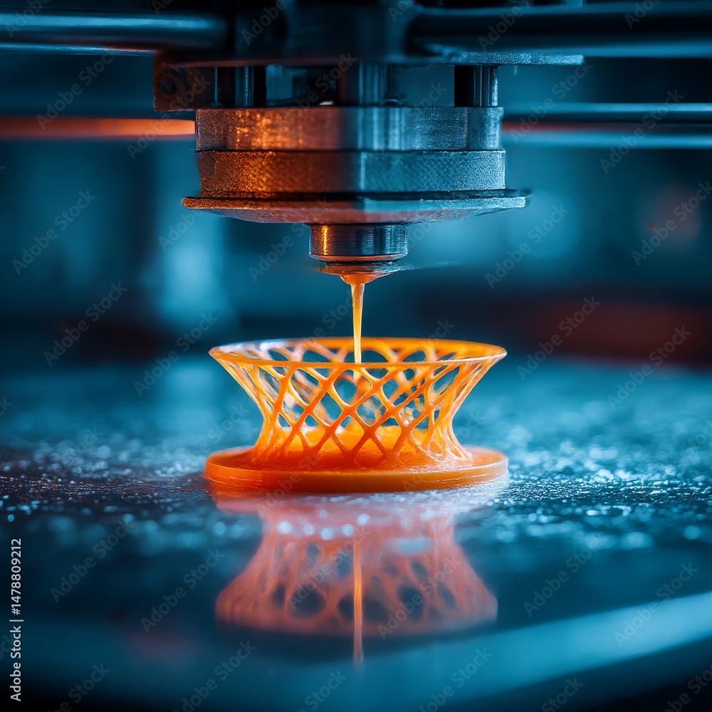 Poster 3d printing process: close-up of an orange lattice object being created by additive manufacturing in
