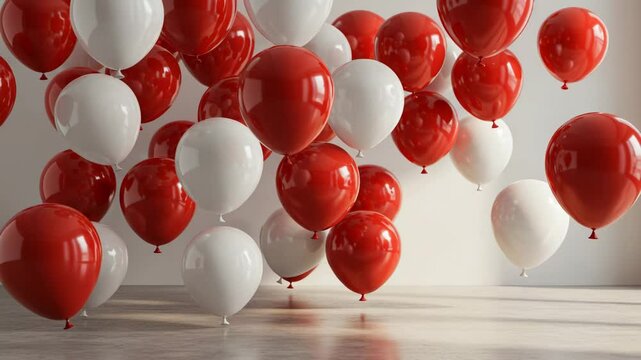 Red and white balloons floating in a bright indoor space  