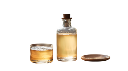 Korean cheongju clear rice wine in tall glass with bottle beside, no background