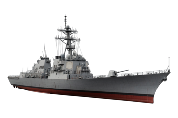 Modern navy warship with radar and weapon system, isolated on transparent background, generative ai