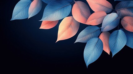 Elegant Blue and Peach Leaves Dark Background
