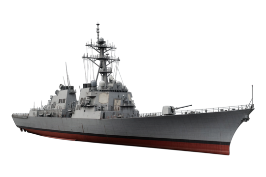 Modern navy warship with radar and weapon system, isolated on transparent background, generative ai
