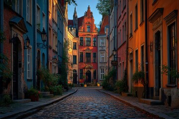 Obraz premium Cobblestone Street View of Historic Architecture with Colorful Buildings in Gdansk, Poland, at Golden Hour