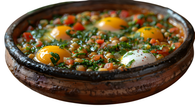 Libyan shakshouka in clay dish with poached eggs, rare regional variation, isolated