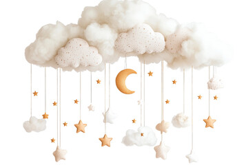 Whimsical cloud mobile decor cozy nursery artwork dreamy atmosphere aerial view imagination and comfort