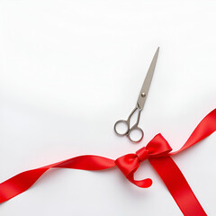 Red ribbon and scissors on light grey background, top view. Space for text