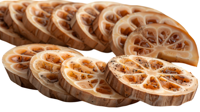 Lotus root slices arranged in spiral with whole root offset, high clarity, no shadow