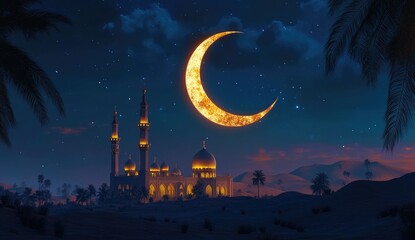 Naklejka premium Mosque at night under crescent moon. Desert oasis with palm trees and a mosque bathed in warm light. Starry night sky
