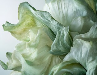 Obraz premium Delicate, muted green and white flower petals, draped in soft, flowing folds. Close-up, showcasing intricate textures