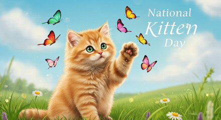 Cute Kitten Playing with Butterflies in Spring Field for National Kitten Day