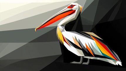 Colorful geometric representation of a pelican perched against a contrasting background