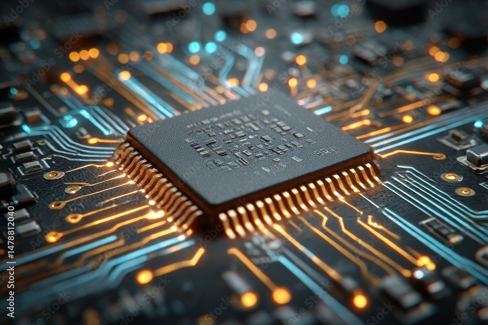 Poster integrated circuit macro: close-up of a cpu chip on a complex motherboard with illuminated pathways