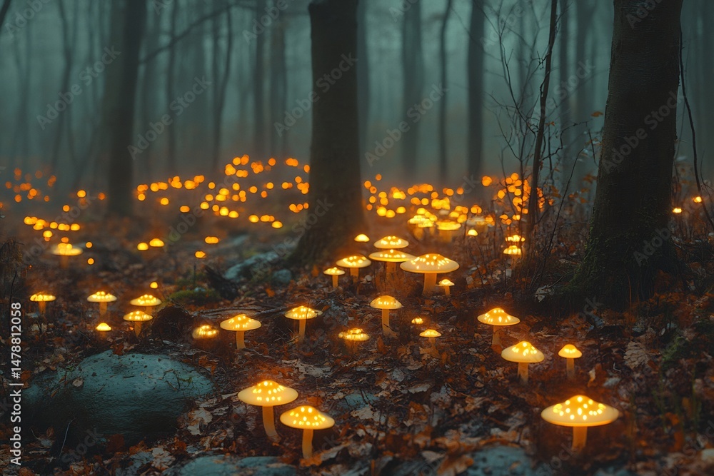 Poster forest filled with glowing bioluminescent mushrooms casting soft light across the forest floor in a 